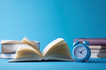 Alarm clock and open blank book arranged on minimalist light blue surface. White books standing in a row. Represents productive morning routines and educational themes.