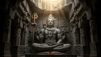 Epic Stone Statue of Lord Shiva in Ancient Temple with Dramatic Lighting and Sacred Atmosphere &ndash; Detailed Hindu Architecture, Mystical Spiritual Scene, Divine Meditation Energy