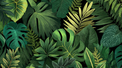 Tropical Foliage Arrangement Featuring Monstera and Various Green Leaves, Lush Texture on Dark Background for Design