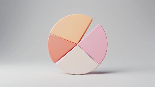 Abstract geometric pie chart sections rotating and assembling into a circle on a light gray background, 3D render