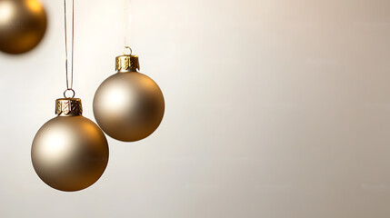 Golden Holiday: Three golden baubles hang gracefully against a soft, neutral backdrop, evoking the holiday spirit.  The ornaments have a festive, luxe aesthetic.