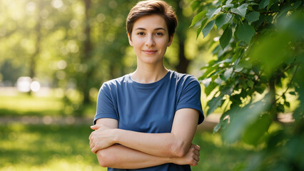 Woman with short hair standing in a park with arms crossed looking at the camera. Portrait of a casual female in a natural outdoor setting.
