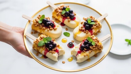 Artisanal ice cream bars or popsicles topped with blueberries and crunchy nuts, elegantly presented on a white and gold rimmed plate, held by a hand, perfect for a summer treat