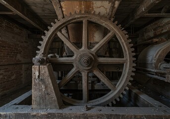 Close up detail of large weathered wooden gear mechanism inside a historic abandoned industrial flour grinding facility architecture ,abandoned ,dusty ,obsolete