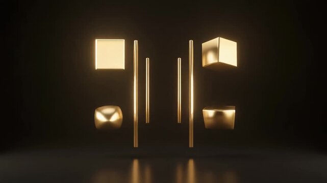 Abstract golden geometric shapes cubes and spheres floating with thin rods in a dark studio setting with reflections