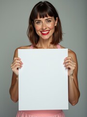 Fototapeta premium Woman holds a blank sign, dressed like a nurse, tall, smile, brown eyes, auburn hair, 50’s hairstyle, orange lips, head and torso portrait.