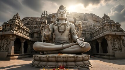 Epic Stone Statue of Lord Shiva in Ancient Temple with Dramatic Lighting and Sacred Atmosphere &ndash; Detailed Hindu Architecture, Mystical Spiritual Scene, Divine Meditation Energy