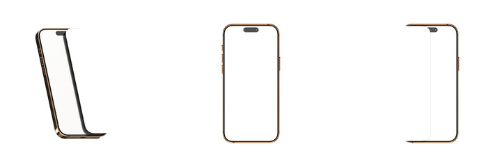 Modern Smartphone 3D Mockup Set with Blank Screen and Gold Frame in Multiple Angles for Mobile App UI UX Presentation and Technology Showcase