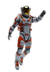 Fototapeta premium highly detailed astronaut in segmented white/orange spacesuit with gold chrome visor, dynamically posed mid-float against transparent studio background. concept of intrepid futuristic exploration