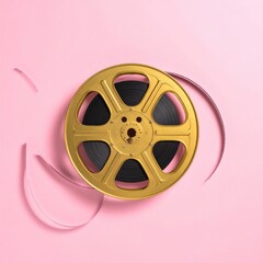 Obraz premium Golden film reel on a pink background. A vintage-style gold film reel sits atop a soft pink surface. Loose film strips curve around it. The image is simple and eye-catching
