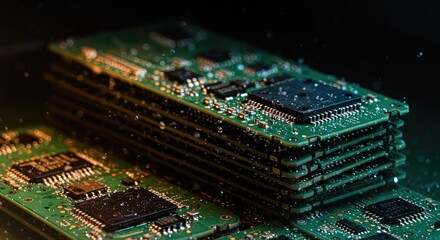 Fototapeta premium Electronic components in a neat stack are being cleaned in a liquid chemical bath, focusing on precision technology and quality control ,engineering ,surface ,electronic