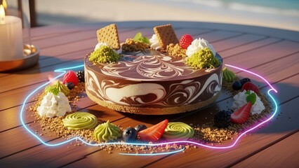 Decadent chocolate swirl cheesecake on a wooden table outdoors with neon light outline, garnished with pistachios, berries, and cookies, romantic setting