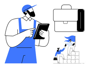 Workforce, teamwork, mentorship, collaboration, job guidance, professional goals. Worker in overalls using a tablet, climbing blocks briefcase icons. Workforce and teamwork concepts outlined