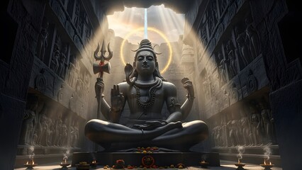 Epic Stone Statue of Lord Shiva in Ancient Temple with Dramatic Lighting and Sacred Atmosphere &ndash; Detailed Hindu Architecture, Mystical Spiritual Scene, Divine Meditation Energy