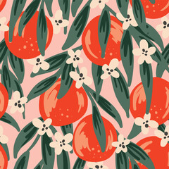 Juicy hand painted oranges, flowers and leaves as a maximalist fruit orchard in colors of orange, off white, cream on pink. Cute tropical garden seamless vector pattern. Great for home decor, fabric.