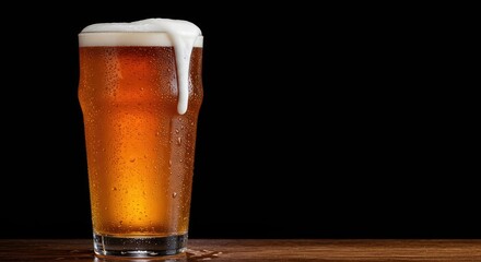 Golden amber craft ale sits in a frosty glass, showcasing a creamy white foam head and condensation dripping down the side ,head ,bar ,hospitality