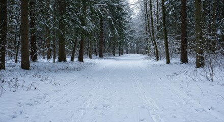 A blanket of deep, fresh snow covers the dense woodland floor, turning the rugged landscape into a silent, frozen wilderness under cold, diffused daylight ,winter ,remote ,evergreens