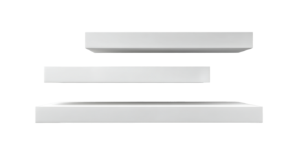 Minimalist matte white floating shelves trio on white background with soft shadow