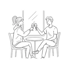 Vector line drawing of couple sitting at table making a toast. Minimalist illustration of man and woman drinking coffee in cafe.
