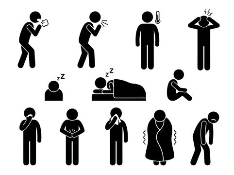 Set of black and white stick figures illustrating various sickness symptoms.