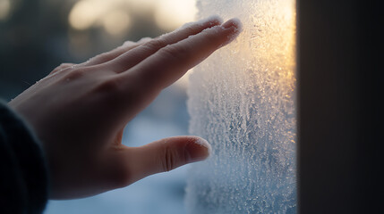 A human hand delicately touches a frosty window, capturing the beauty of winter's icy art. The touch conveys both connection and the cold season.