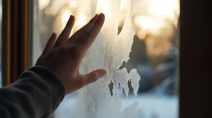 A hand touches the intricate frost patterns on a window, illuminated by soft golden light. The chilly beauty of winter is captured in the delicate ice crystals.