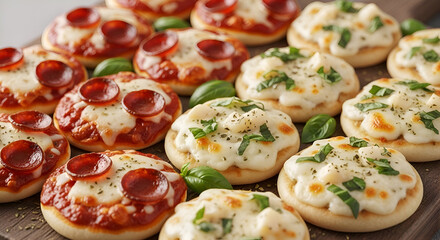 Enjoy mini pizzas with pepperoni and basil, a fun snack or appetizer for gatherings, perfect for casual dining and family-friendly events with tasty treat