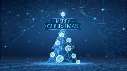 uturistic and stylized Christmas scene rendered in a captivating blue "low poly" or "wireframe" digital art style. 