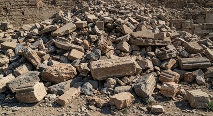 A vast accumulation of ancient stone fragments and shattered masonry, representing the decay and deep history of a long forgotten structure ,brick ,debris ,historical