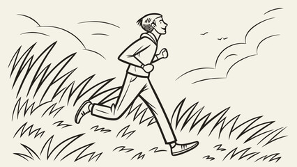 Cartoon Man Jogging Through Tall Grass with Birds and Clouds in the Sky