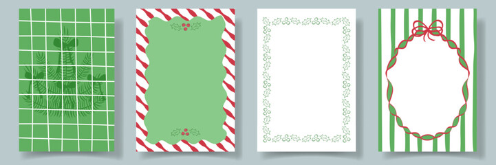 Christmas Hand drawn frame set with red bows, whimiscal lines, holly and with branches Christmas tree, mistletoe, in coquette style. Trendy holiday Xmas borders for poster, card, invitation.