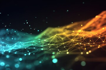 Abstract wave of connected points and lines, glowing teal and orange