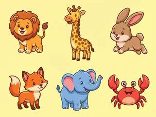 Adorable cartoon animal collection featuring a lion, giraffe, rabbit, fox, elephant, and crab.