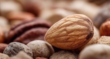 Close-up of a single hazelnut among other nuts