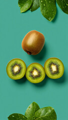Whole kiwi fruit and three slices with green leaves on a teal background