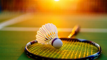 Badminton shuttlecock and racket on court with sunset light