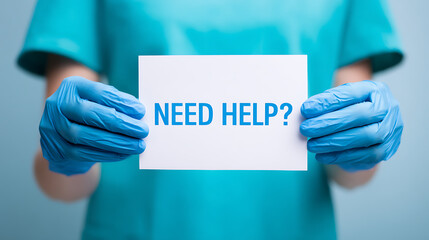 Medical professional with gloves offers assistance, holding a sign saying "Need Help?". Supporting healthcare, emergencies, outreach, and community support. Vital assistance.
