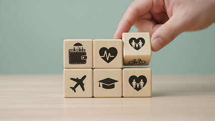 &ldquo;Wooden Blocks with Health, Insurance, Travel, and Heart Icons &ndash; Protective Planning Concept&rdquo;

