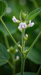 Obraz premium Close up view of delicate white and purple blossoms emerging from a vibrant green soybean plant, symbolizing future harvest and nature ,farming industry ,botanical ,green