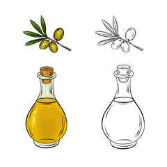 Mediterranean olive branch and classic oil bottle in detailed food hand drawn illustration style. Sketch vintage set. For cuisine branding, recipe books, organic product labels, healthy lifestyle