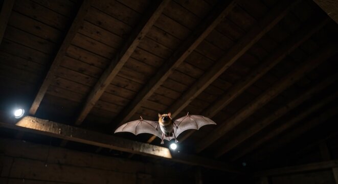Bat suspended in the dark interior of a wooden building
