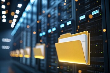 Abstract digital file folders glowing in cyberspace, representing modern data storage, cloud systems, information management, security, and seamless data flow within futuristic technology and network 