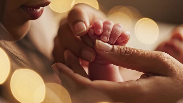 a newborn&rsquo;s small fingers wrapped around the mother&rsquo;s index finger