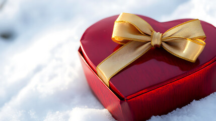A red heart-shaped gift box with a golden ribbon sits nestled in the snow, a symbol of love and warmth amidst the cold winter landscape. Perfect for Valentine's Day.