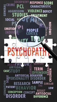 Psychopathy under magnifying glass, being researched, studied and examined. Most important subjects and ideas related to psychopathy written around a puzzle to symbolize complexity of psychopathy.