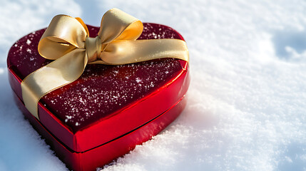 Heart-shaped red gift box, gold ribbon on the snow. A token of love, romance, and winter holidays. A present for someone special, symbolizing affection and cherished moments.