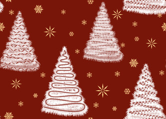 Seamless winter pattern with cartoon Christmas trees and snowflakes. Dark red background. Christmas and New Year.