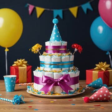 A festive diaper cake decorated with ribbon and small party hats sitting on a table during a celebration with balloons and streamers and gifts ,milestone ,festive ,wrapped