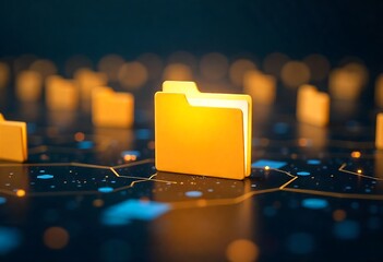 Abstract digital file folders glowing in cyberspace, representing modern data storage, cloud systems, information management, security, and seamless data flow within futuristic technology and network 