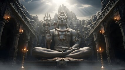 Epic Stone Statue of Lord Shiva in Ancient Temple with Dramatic Lighting and Sacred Atmosphere &ndash; Detailed Hindu Architecture, Mystical Spiritual Scene, Divine Meditation Energy